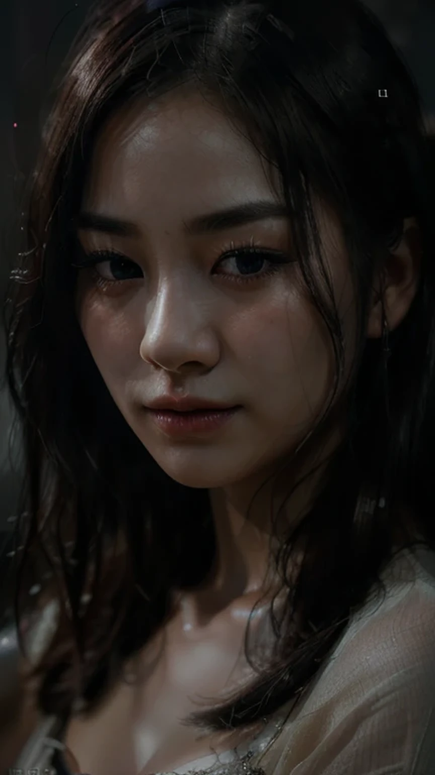 a beautiful korean girl, detailed face and eyes, long eyelashes, actress portrait, soft lighting, dramatic lighting, melancholy expression, eyes closed, dramatic pose, dark backdrop, muted colors, cinematic atmosphere, (best quality,4k,8k,highres,masterpiece:1.2),ultra-detailed,(realistic,photorealistic,photo-realistic:1.6)