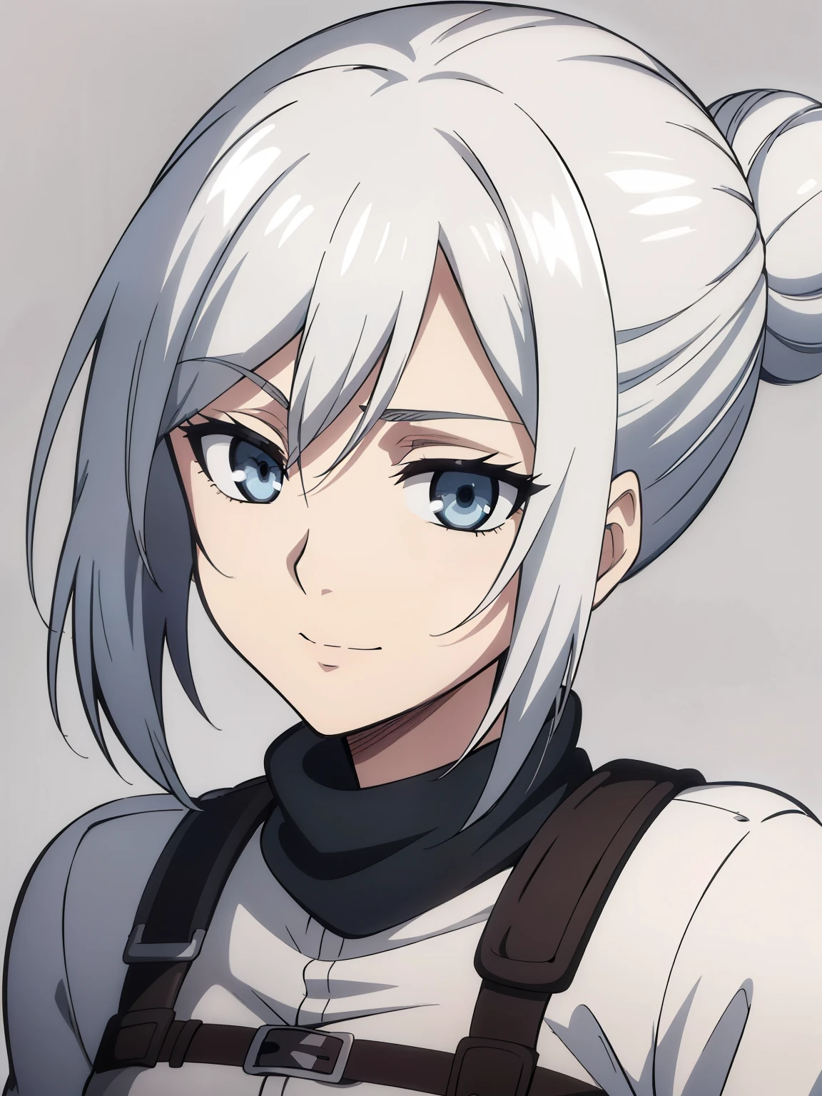 (high-quality, breathtaking),(expressive eyes, perfect face) 1girl, female, solo, portrait, narrow eyes, kind face, neutral expression, cute smile, aot style, portrait, Symmetrical Eyes, silver white hair, blue eyes, teenager, grey background, brown jacket, white shirt, belt, black pants, attack on titan clothing, mappastyles4, three-dimensional maneuver gear, fluffy hair, half closed eyes, looking at viewer, facing viewer, LifeStrangeChloe, bun hairstyle, tied back hair
