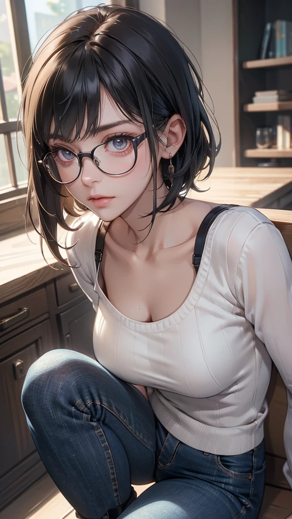 1girl,18yo,perfect hands, perfect finger,perfect anatomy, masterpiece, best quality,realistic, hyperrealistic, 16k hdr,, aamii, short hair, black hair, blue eyes, glasses, (see through white shirt,Loose T-shirt, downbrouse:1.2),pub, from below,standing,(sweat:1.3),(happy smile),large breasts,upper body,necklace,(leaning forward:1.2)