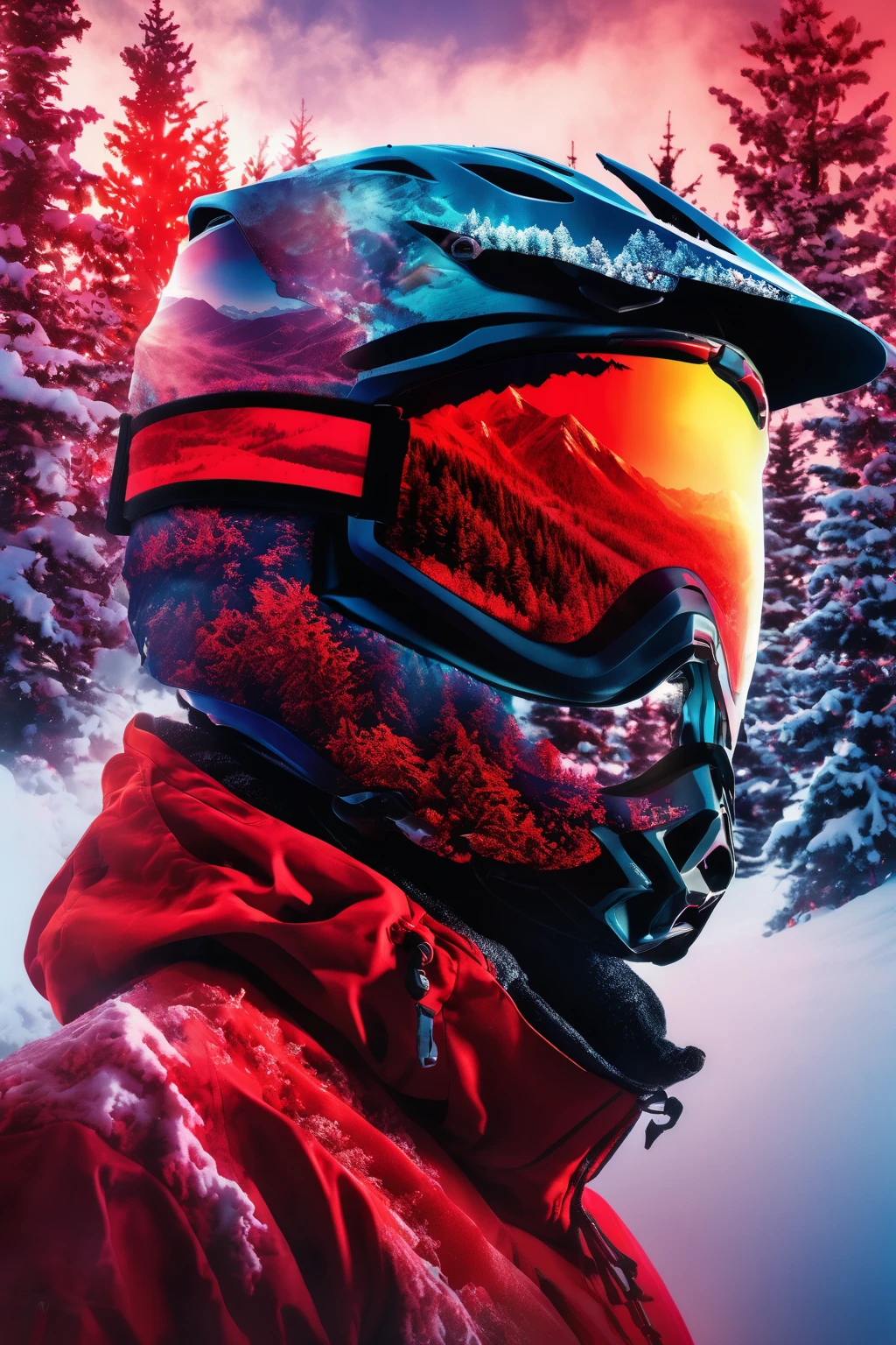 Triple exposure of the silhouette face of a man wearing a motocross helmet profile and shiny goggles , mountains, nature beauty and wonder, magical, majestical, beautiful colors,branches with snow,visually stunning,captivating imagery, stunning depth, dynamic composition, with red smoke and festive xmas 
