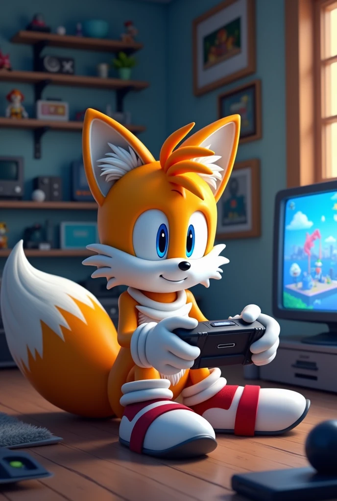 Tails Miles Prower playing a video game - SeaArt AI