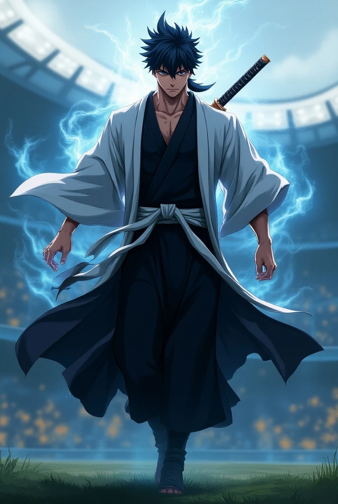 1 young boy, male focus, muscular, pectorals, Kisuke Urahara, white  kimono (open kimono, breastplate:1.4), ((black hakama:1.3)), (elsword (holding elsword:1.2), standing on top of a rock, (posture of fight:1.2), whole body ((centred)), Bare feet, plein-air, sunshine light ((screen reflection: 1.2)), (best qualityer), (ultra detali), very aesthetic, illustration, disheveled hair, perfect composition, details Intricate, ((dutch angle:1.3)), low angle shot, 