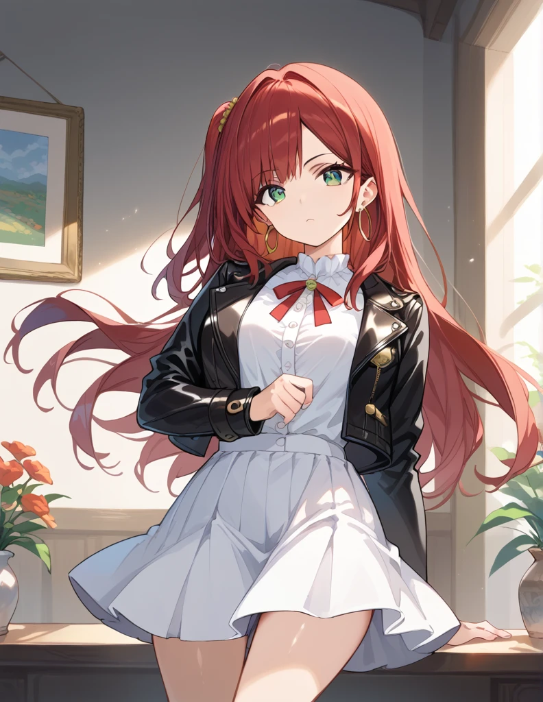 score_9, score_8_up, score_7_up, source_Cartoon, Morning Fragrance  ,   red hair, (green eyes, one side up),,hair accessories,   Shiny Skin , long hair, Hoop Earrings... White Leather Jacket... White Skirt.Leather Black Horse Boots ..