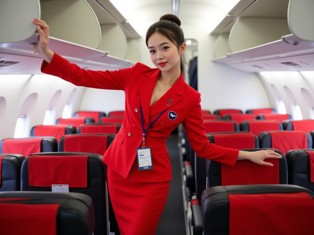 Lighting Conditions The lighting inside the airplane cabin is bright and artificial, typically provided by overhead lights, creating an evenly lit environment. ### Model's Posture The model is standing in the aisle of the airplane, posed with one leg bent and one arm reaching up to the overhead compartment. This posture emphasizes a dynamic and playful stance. The outfit consists of: - **Jacket**: A tailored red blazer, giving a professional and polished appearance. - **Skirt**: A matching red pencil skirt, creating a cohesive and formal look. - **Accessories**: - A lanyard with an ID badge, indicating a professional setting. - A pin or name tag on the blazer, adding to the uniform's formality. This ensemble is likely a uniform, designed to be elegant and professional, suitable for a work environment such as an airline. ### Background The background is inside an airplane cabin, with rows of red and black seats visible. The overhead compartments are open, indicating activity inside the plane, possibly during boarding or disembarking.