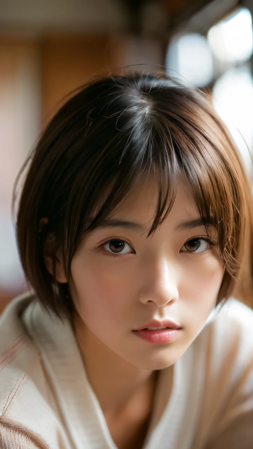 ((masterpiece:1.4、top-quality))、((masterpiece、top-quality))、(photographrealistic:1.4)、profetional lighting、physically-based renderingt、girl with,Short hair,extremely detailed eye and face、Eyes in Beautiful Details、short-hair、(Beautiful japanese girl:1.05)、White Room、white walls