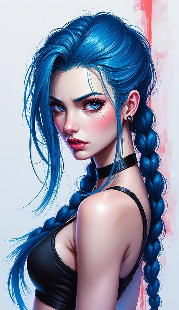 Abstract scetch made with a blue and black and Red pen, close up portrait of woman, fantasy abstract painting, jinx, a feisty expression on  face, long hair, twin braids, bare shoulders, choker, crop top,