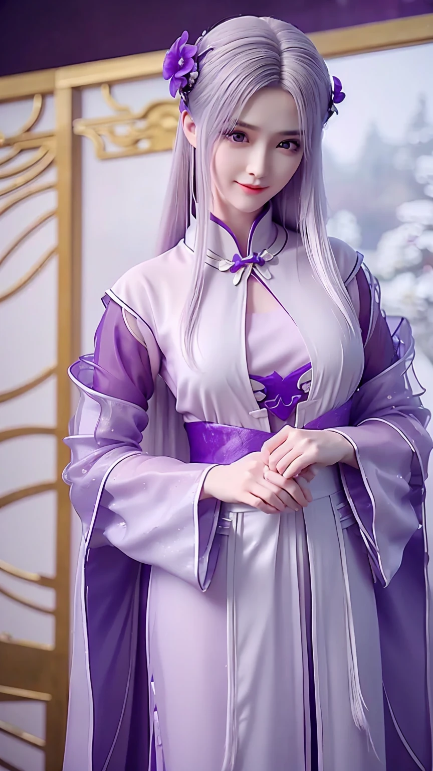 Bright purple Taoist robe, Hanfu long skirt, big eyes, masterpiece absolute beauty, 1 woman, close-up. Close-up, healing smile, snow scene, 4K picture quality, princess hairstyle princess cut, simple hair accessories, plum blossoms, people can't forget the beauty when they see it