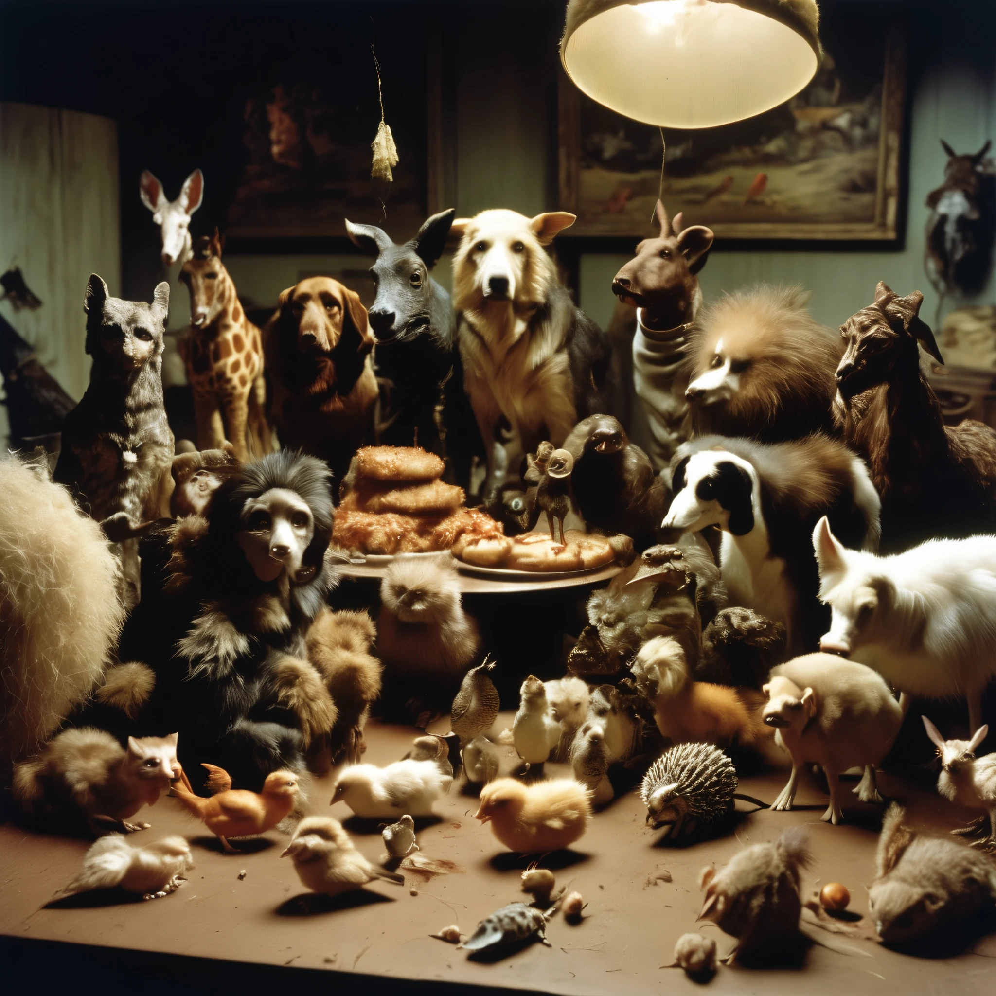 a photo of Jan Svankmajer Style scene, realistic and disturbing, animals, pets, uneven unpleasant on 70s film stock