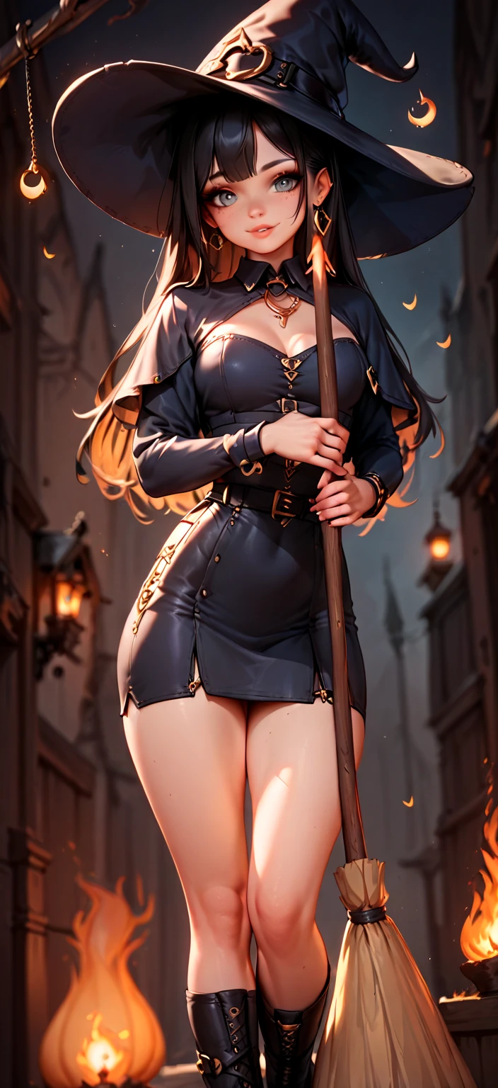 1 woman, cute woman ,Black Hair, Witch Uniform, has a broom