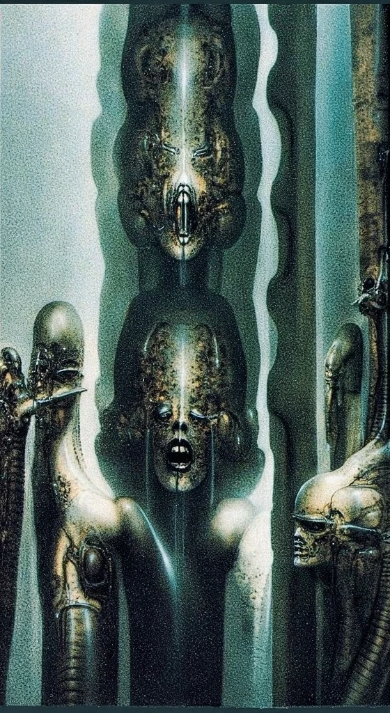 hrgiger。highest quality。Masterpiece。Detailed details。A creepy relief that combines the human body and machine。Organs。eyeball。Brain。