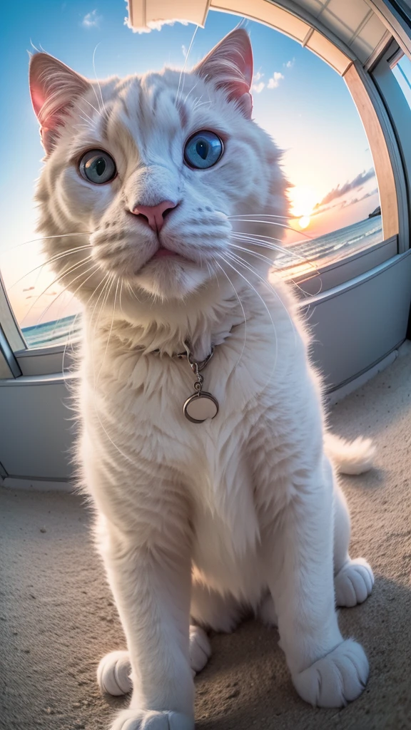 a big fluffy white cat taking selfie in a beach, sunset, fisheye lens, establishing shot, pastel color grading, depth of field cinematography effect, film noir genre, 8k resolution, high quality, ultra detail