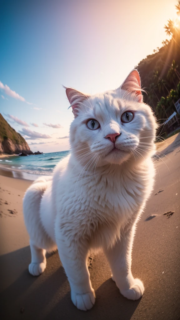 a big fluffy white cat taking selfie in a beach, sunset, fisheye lens, establishing shot, pastel color grading, depth of field cinematography effect, film noir genre, 8k resolution, high quality, ultra detail