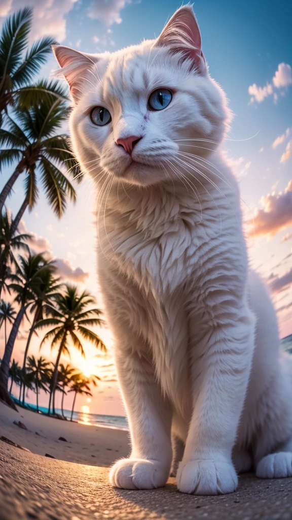 a big fluffy white cat taking selfie in a beach, sunset, fisheye lens, establishing shot, pastel color grading, depth of field cinematography effect, film noir genre, 8k resolution, high quality, ultra detail