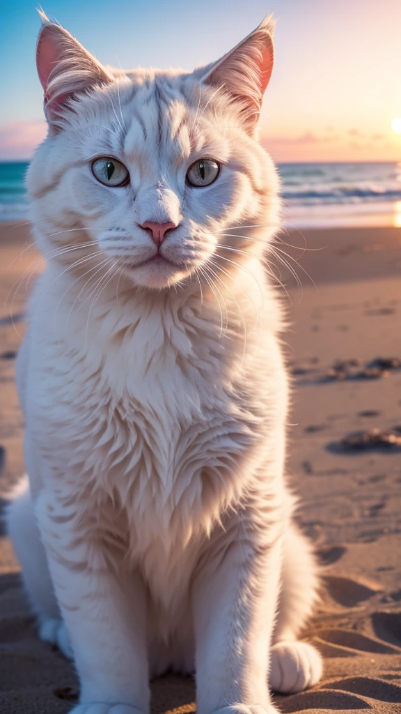 a big fluffy white cat taking selfie in a beach, sunset, fisheye lens, establishing shot, pastel color grading, depth of field cinematography effect, film noir genre, 8k resolution, high quality, ultra detail