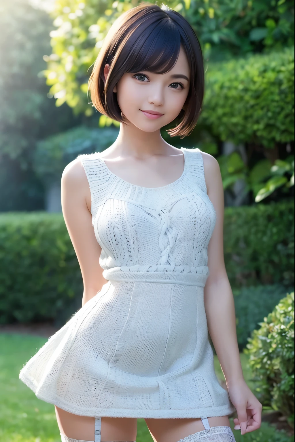 (8k, ultra high res, best quality, masterpiece:1.1), (realistic, photo-realistic:1.1), ultra-detailed, bloom, bokeh, cinematic lighting, light glow, 1girl, Japanese girl, (athlete:1.1), beautiful detailed eyes, beautiful detailed teeth, smile, (full body:1.1), slim, small breasts, brown bob hairstyle, forehead, oval-shaped face, almond-shaped eyes, straight nose, shallow philtrum, peach thin lips, tennis, white tennis dress, tennis court