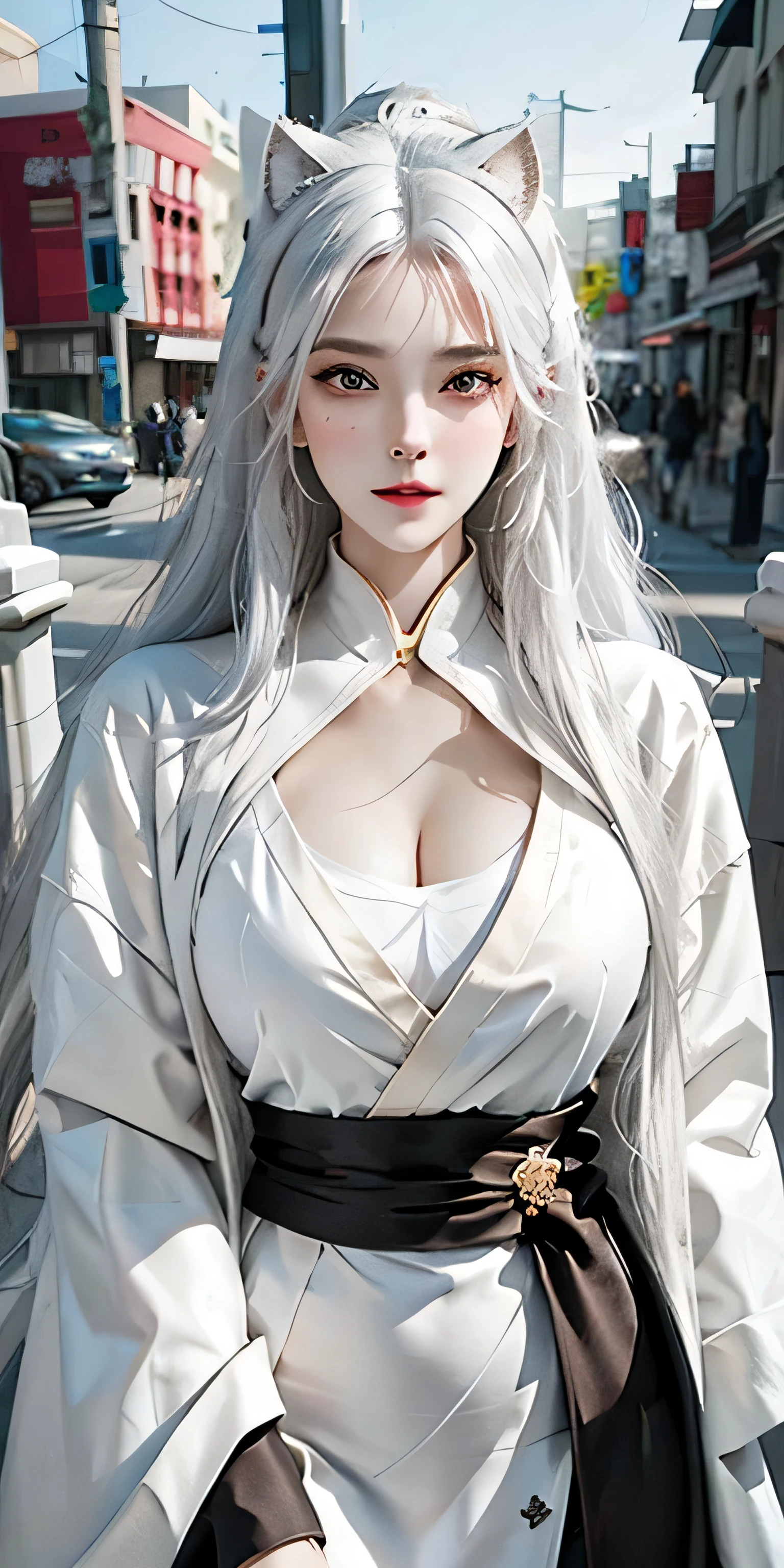 photorealistic portrait, high-res, 1woman, bara, Hip up, look at viewer, (detailed face), White Hair, long-haired, Taoist cloak,Open chest,Large clothing, ornament