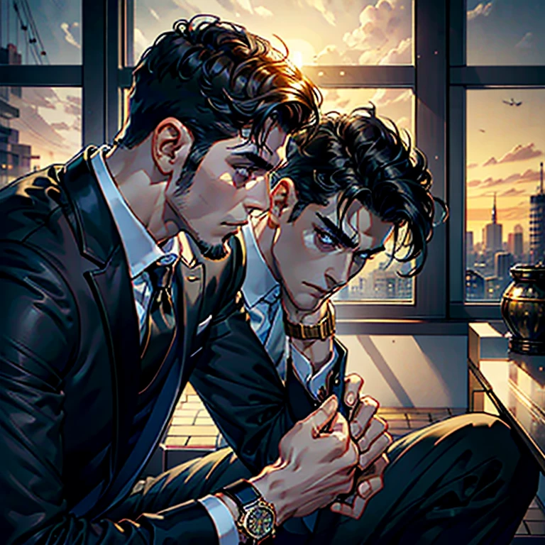 8k,HighestQuali, High Quality ,masterpiece, Master Illustration ,1 male, Close-up , thick eyebrows, installer with electric drill , Pure Black Style , white skin , Gold Tone Watch,Short black hair,Cheerful laughter. black suit, Black Long Pants ,Long legs,Leather shoes,black pupils, sharp eyesight ,Vicious and Crafty .confident, appeal,Handsome,Lazy atmosphere, concept art ,modern,Dandy, up,detailed facial depiction, anatomically correct, Beard, well-prepared face,Watching the sunset from the window,Beautiful profile,