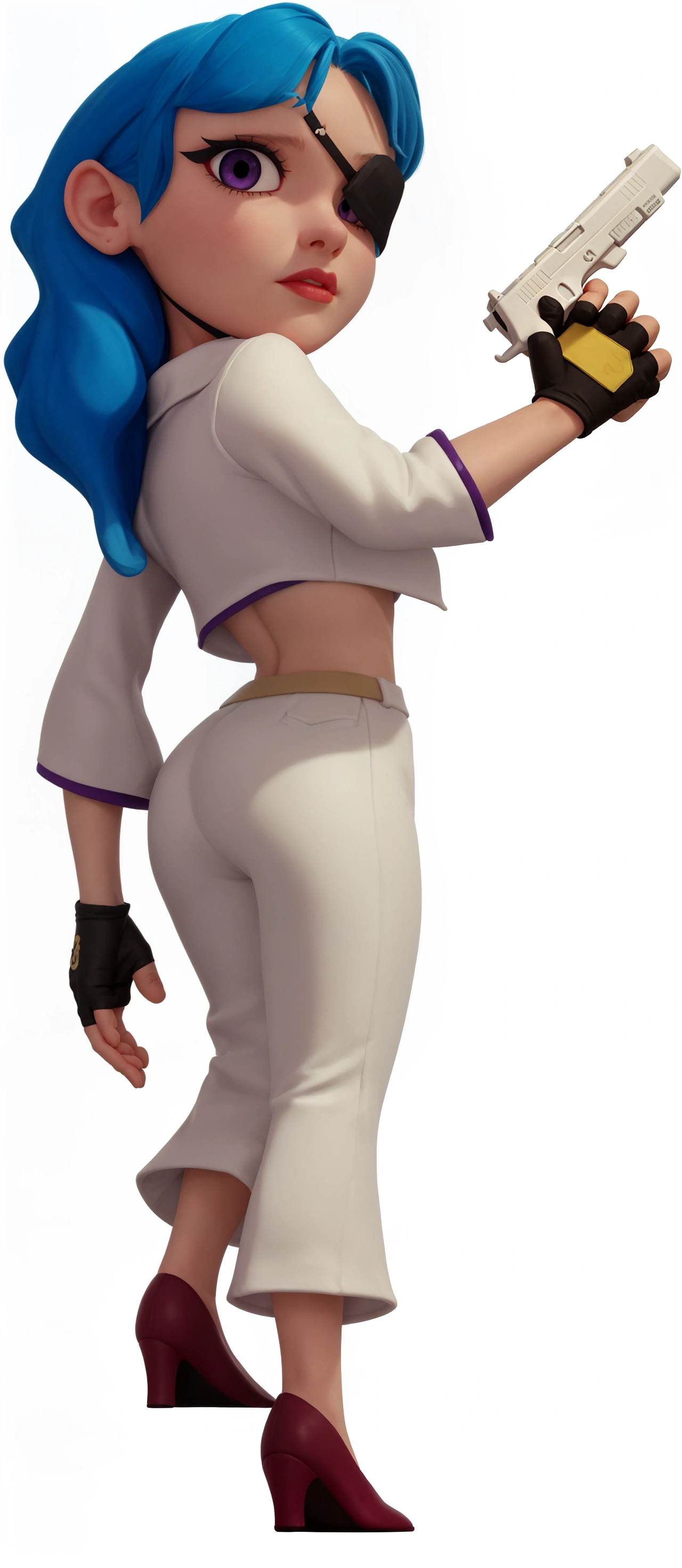  A cartoon of a gang girl looking up is more graphic，Back to camera， looking back at the camera ， have a serious expression ，Red lips，Cool girl gang female boss， right hand holding a handgun ，Blue curly hair ， Realistic hair texture ， with a blindfold on the left eye ， right eye showing up the camera ，Purple pupils， More pupil details ， stepping up the stairs ， wearing a white suit ， high-waisted suit jacket ，Exposes the skin of the lower back， wearing black half-cut gloves ，UE5 Rendering，3D Rendering，Cartoon Characters， More realistic details ，Backlight and shadow 