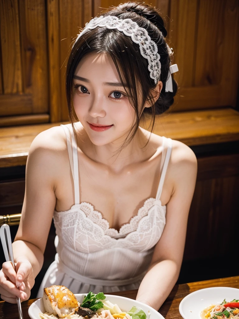 ulzzang -6500-v1.1, (Raw photo:1.2), (Photorealsitic), a beautiful detailed girl, (Real: 1.4), ighly detailedな目と顔, beatiful detailed eyes,(Classy long dress:1.2, Ultra-realistic pantyhose:1.2, high-heels:1.1)、a choker、Buffet at party venue、huge filesize, hight resolution, ighly detailed, top-quality, [​masterpiece:1.6], illustratio, ighly detailed, nffsw, finely detail, top-quality, 8k wallpaper, Cinematographic lighting, selfee、Instagram、1girl in, 17 age, perfect body type, cute droopy eyes beautiful big eyes、Pieckfinger, ((masutepiece)), Best Quality, 1girl in, eye shadow, Upper body, Portrait, ((FULL BODYSHOT:1.6))、(Very affectionate smile:1.2)、I keep my hair up and short、turned around、