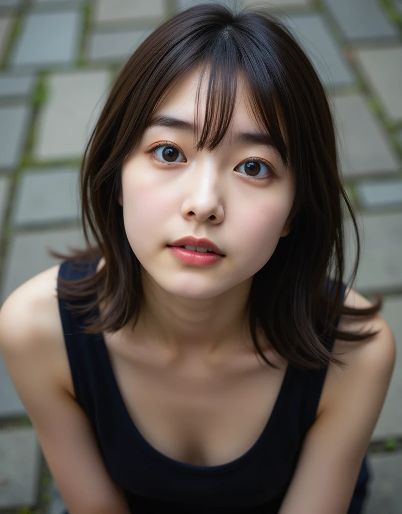 A masterpiece shot with a high resolution 35mm camera looking down on a woman, a beautiful photo with detailed depictions, moles, small blemishes, detailed skin texture, beautiful hair, a 28 year old Asian woman wearing a (black tank top:1.6) with her chin up and looking straight up, arms down, tears overflowing from her large eyes, tears running down her cheeks, sparkling eyes, a slim body, shapely large breasts, collarbone, thin shoulders, a composition looking down on a woman looking up with a sad expression, a blurred stone floor surface