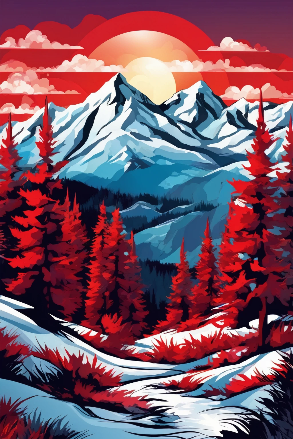 vector illustration design with red elements ,snowy mountains , mountains with snow pine trees, nature beauty and wonder, magical, majestical, beautiful colors, stunning depth, dynamic composition,, artistic genius