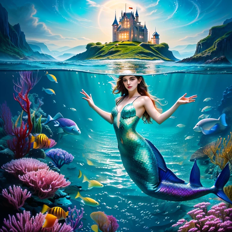 five mermaids swimming at the bottom of the sea, with many fish, a castle at the bottom of the sea, sea plants.