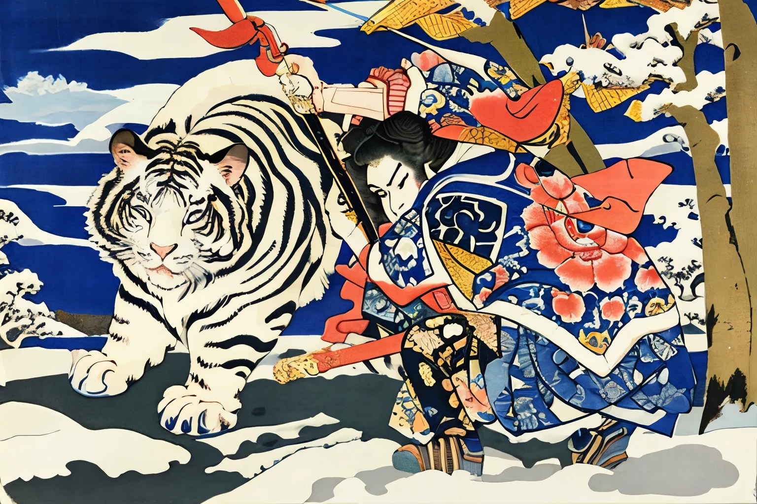 extreme quality, Ukiyo-e, Utagawa Kuniyoshi, byakko-tai, white tiger,
blizzard, bamboo, HDR, UHD, 8K,