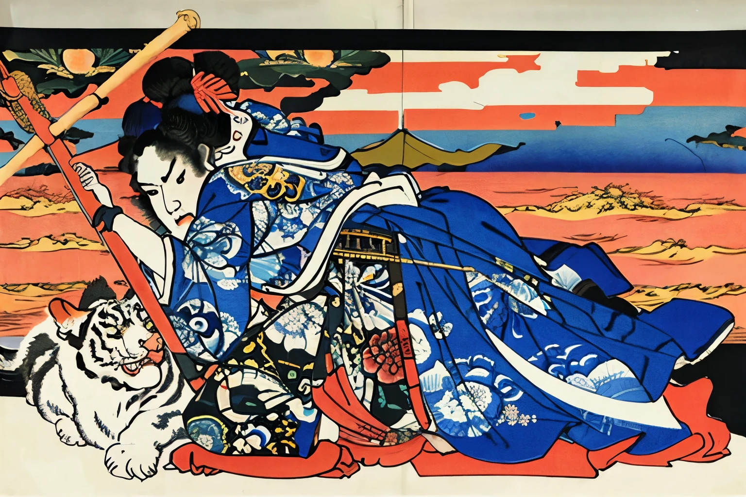 extreme quality, Ukiyo-e, Utagawa Kuniyoshi, byakko-tai, white tiger,
blizzard, bamboo, HDR, UHD, 8K,