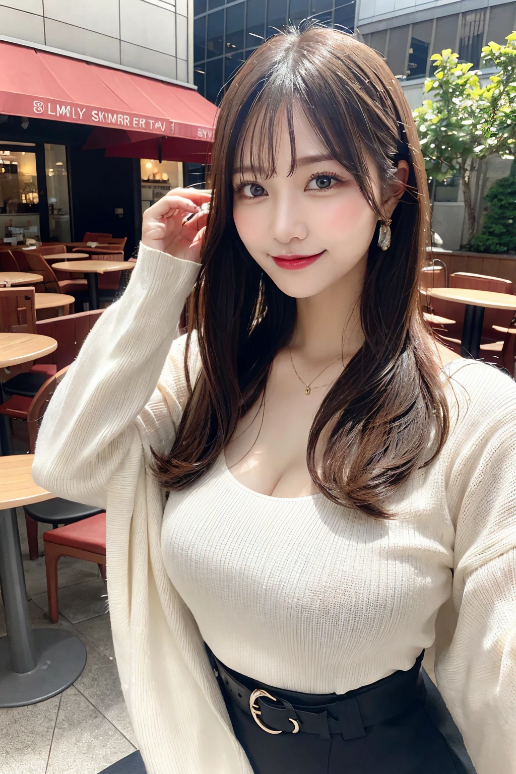 (bewitching smile:2.0、milf:1.0、long sleeve tight knit:1.5,sunlight:1.3、Clear skies:1.3、ring、embarrassed、coquettish、Tempting sensuality、glamorous,Big Breastsm,boobs cleavage), table top, Best Quality, shape, very detailed, finely, high definition, 8k wallpaper, Detailed and beautiful eyes, straight hair , Random Sexy Poses , natural colored lips、outdoor cafe ,coffee、Tokyo skyscrapers,Big Eyes,belt