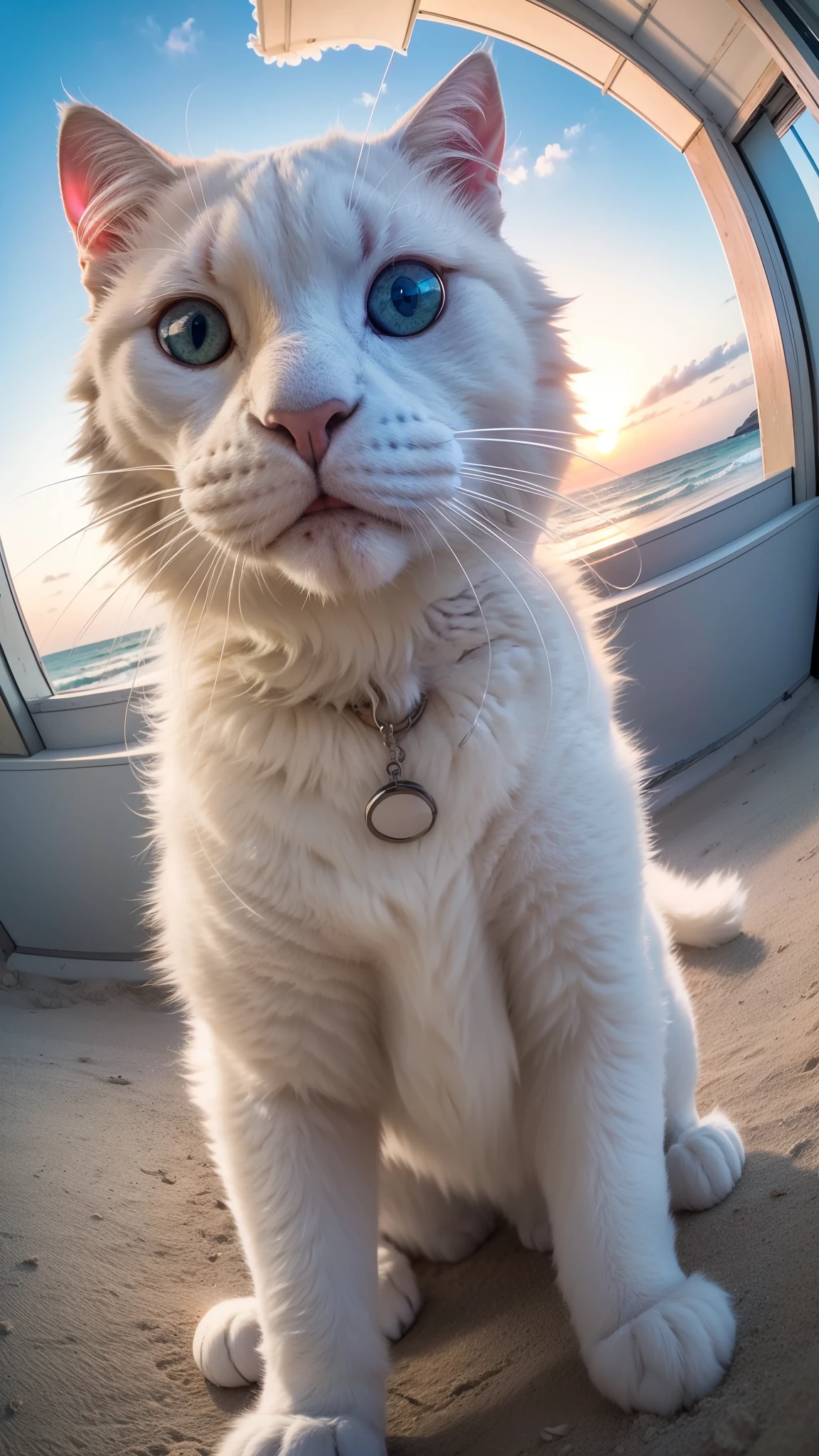 a big fluffy white cat taking selfie in a beach, sunset, fisheye lens, establishing shot, pastel color grading, depth of field cinematography effect, film noir genre, 8k resolution, high quality, ultra detail