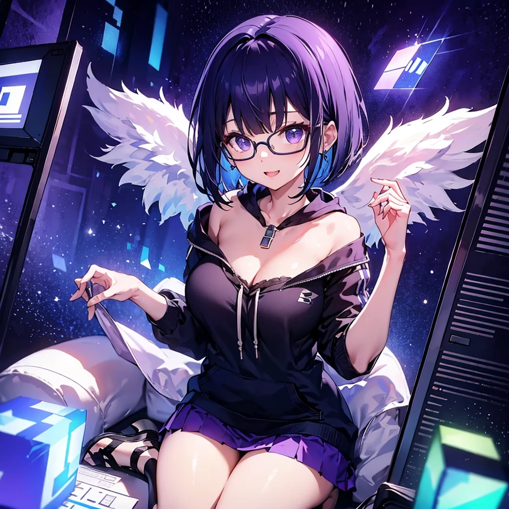 solo1.3、 High Quality、Purple-black bob cut 、 sitting on the purple cube in front of the monitor 、 black hoodie and purple mini skirt 1 .6、I made a silver light cube float on my right hand 1.4、voluptuous、Angel Girl Sandalphone 1 .8、Confident smile without opening her mouth1 .1、black rimmed glasses 1.4、