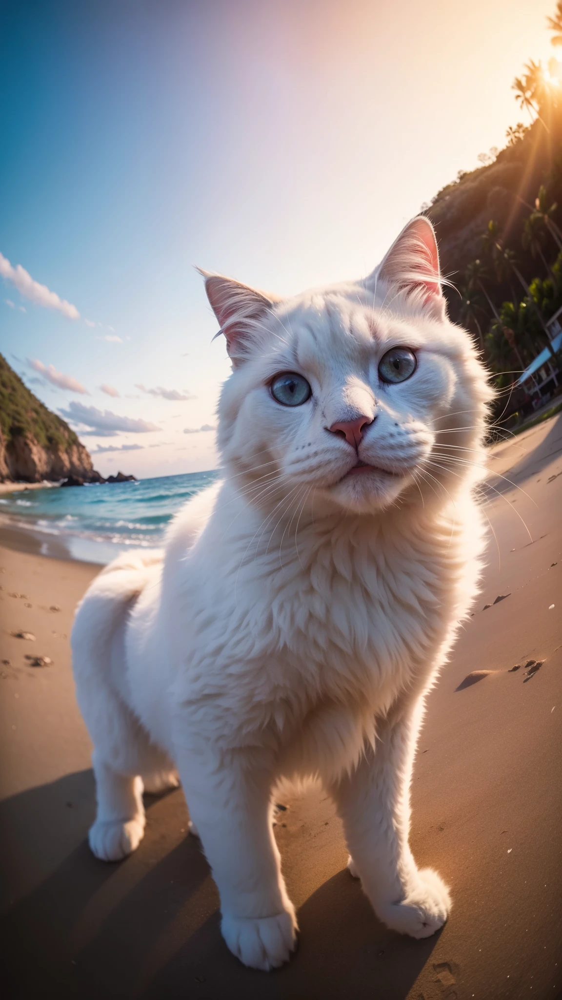 a big fluffy white cat taking selfie in a beach, sunset, fisheye lens, establishing shot, pastel color grading, depth of field cinematography effect, film noir genre, 8k resolution, high quality, ultra detail