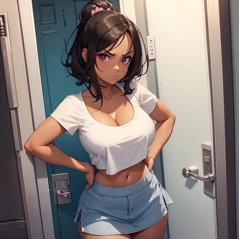 (masterpiece, highest quality, ultra high res, ultra detailed:1.3), 1 cute girl, ideal ratio body proportions, (dark-skinned Asian girl), gyaru, (yellow baggy tank top, green mini skirt:1.2), (showing off panties, white panties, lifting the skirt by self:1.4), cameltoe, shy look, (tank top covered nipples:1.3), in cute room, (dark skin, tanned skin:1.4),