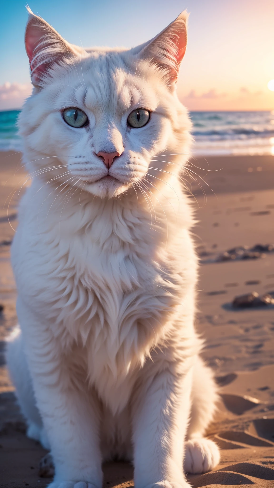 a big fluffy white cat taking selfie in a beach, sunset, fisheye lens, establishing shot, pastel color grading, depth of field cinematography effect, film noir genre, 8k resolution, high quality, ultra detail