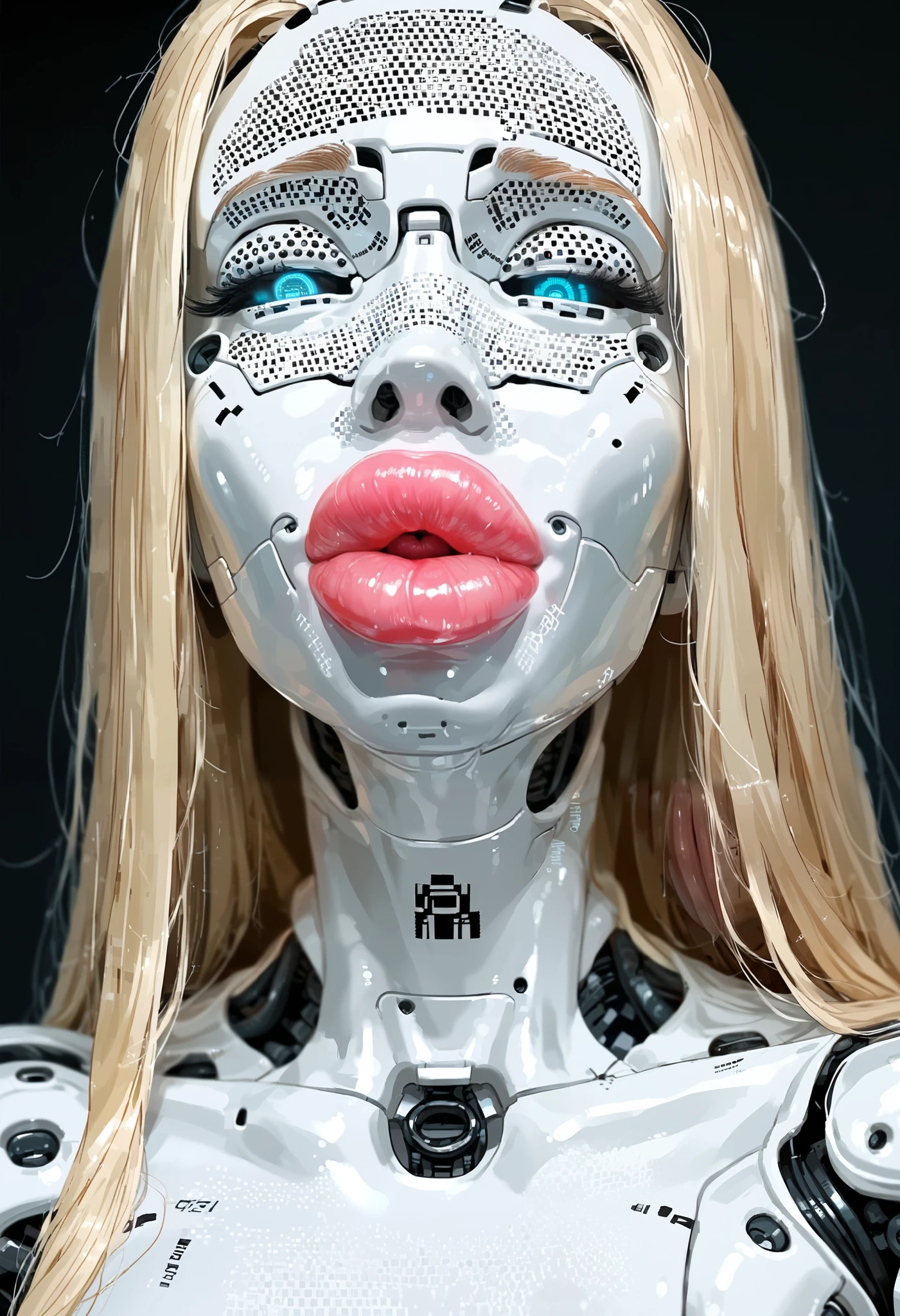 score_9, score_8_up, score_7_up,
 Android girl, pixel face, screen face, robot body, metal skin, huge boobs, bimbo lips,