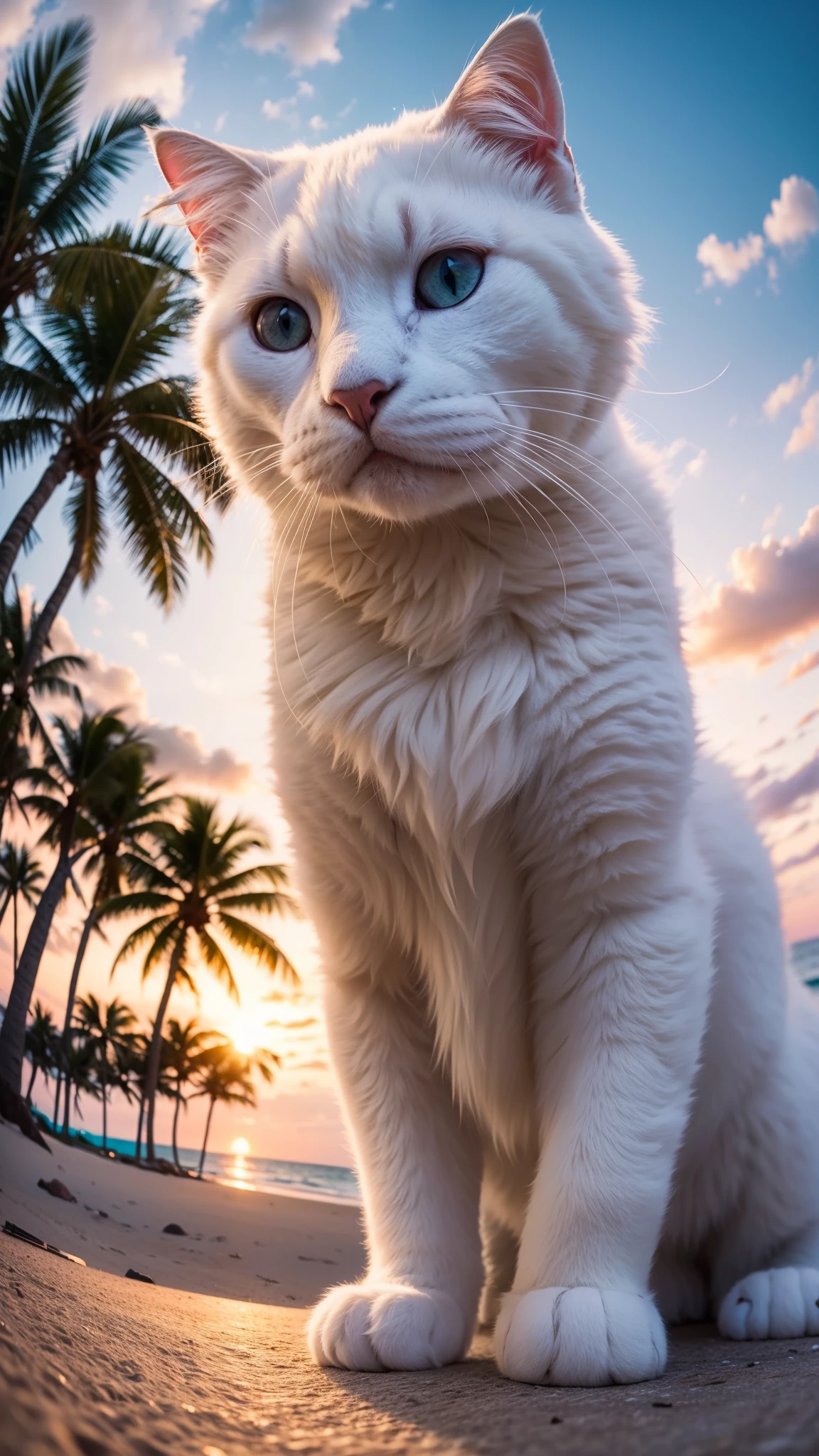 a big fluffy white cat taking selfie in a beach, sunset, fisheye lens, establishing shot, pastel color grading, depth of field cinematography effect, film noir genre, 8k resolution, high quality, ultra detail