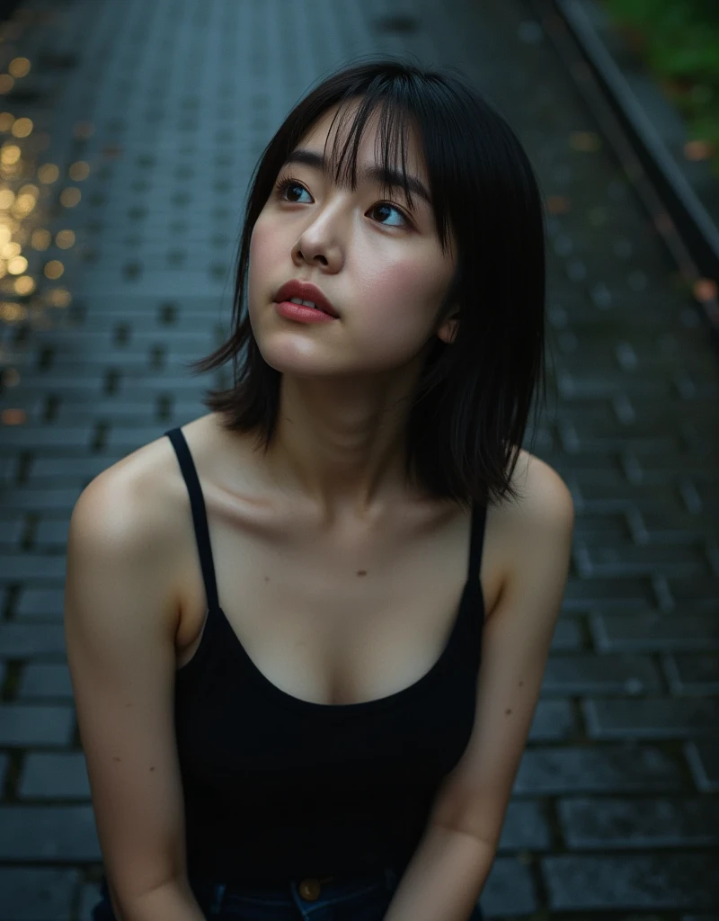 A masterpiece shot with a high resolution 35mm camera, looking down on a woman, a dark and beautiful photograph with detailed depictions, (on a dark rainy night pavement: 1.6), moles, small blemishes, detailed skin texture, beautiful hair, (a 28 year old Asian woman wearing a black tank top: 1.6) looks straight up with her chin up, arms down, (tears overflowing from her large eyes, tears running down her cheeks: 1.6), (a street lamp faintly lights up a rain-soaked woman: 1.6), sparkling eyes, a slim body, shapely large breasts, collarbone, thin shoulders, (with a sad expression: 1.6) a composition looking down on a woman looking up, blurry wet cobblestone road surface