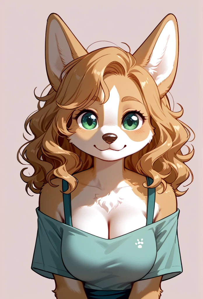 (solo) female anthro corgi furry, wavy hair, fluffy hair, long wavy hair, cat furry, big breasts, attractive, fuzzy tights, fuzzy fur, slightly thick, pretty eyes, (kind expression), she is facing the viewer , cute background, simple background, (front view) corgi snout, animal snout, dog nose, corgi, Simple background, Masterpiece, jewelry, Best Quality, paws, 1girl, High Resolution, paws cute, corgi 