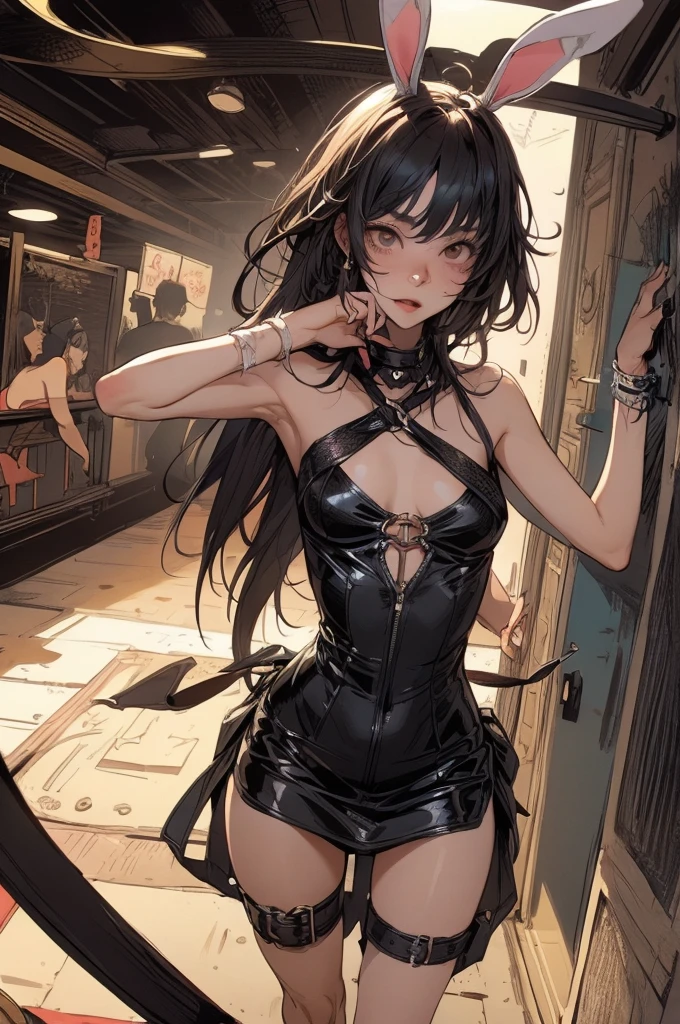 woman. mulatta. He has dreadlocks in his hair. has tattoos. He is wearing black clothes. futuristic scenery