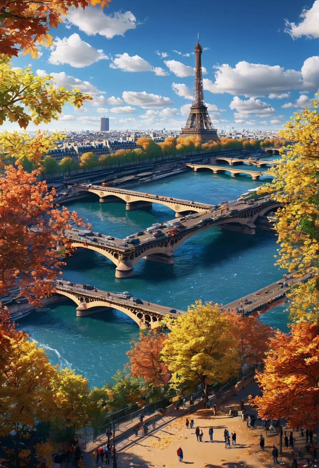 Harbor Peak,Eiffel Tower,Paris,Sunny Day,cloud,tree々,Sono River , bridge , fall leaves for vaginal discharge, lively,clear weather, bright ,Scenic,nature,Calm sea, idyllic.,