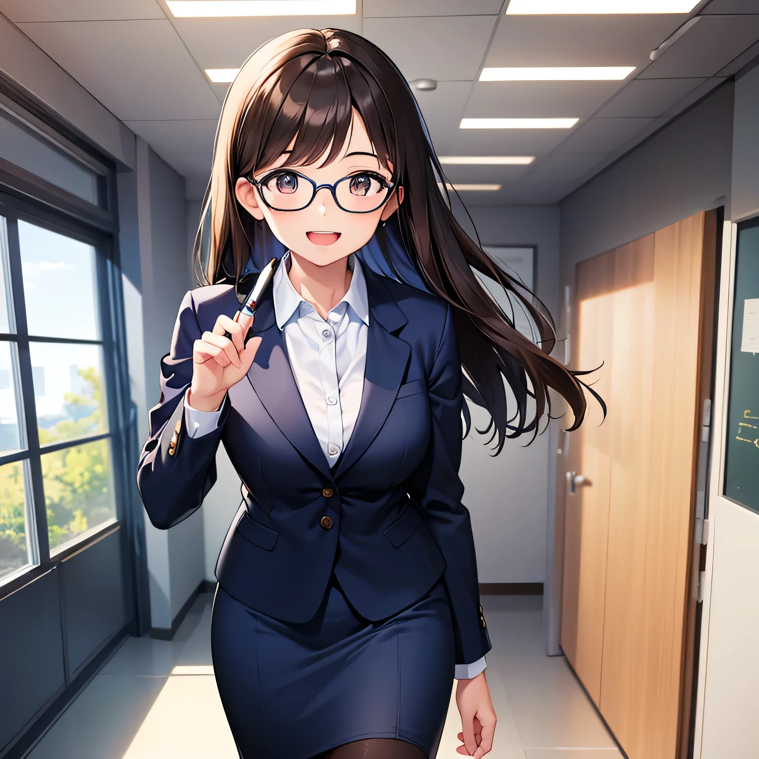 Best Picture Quality, Top Quality, 1080p, 8K, Masterpiece, First Class, (Perfect) Face, Attention to Detail, One Person, (Full Length), Front View, One Woman, Standing, Face to Face, (Pen in Right Hand), Long Dark Brown Hair (Glittering Eyes), Beautiful Eyes, She is wearing glasses, Formal, Dark Blue Suit, Office Lady, Dark blue skirt suit, indoors, indoor classroom, viewer, bright smile with open mouth