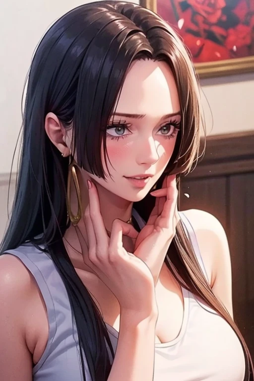 best quality, masterpiece, highly detailed,1girl, Boa Hancock, , (masterpiece:1.5), Detailed Photo, Smiling, Sexy, (8K, Best Quality: 1.4), (1girl), Beautiful Face, (anime realistic Face), (Black Hair, long Hair: 1.3), Beautiful Hairstyle, Realistic eyes, beautiful detail eyes, (white skin), beautiful skin, absurd, attractive, ultra high resolution, ultra realistic, high definition, golden ratio, (sexually aroused:1.5), Pinkish white skin, cool white light, Beautiful , white background, pink soft white light, Wear a black bodycon dress, (messy hair:1.5), (masturbate:1.5)