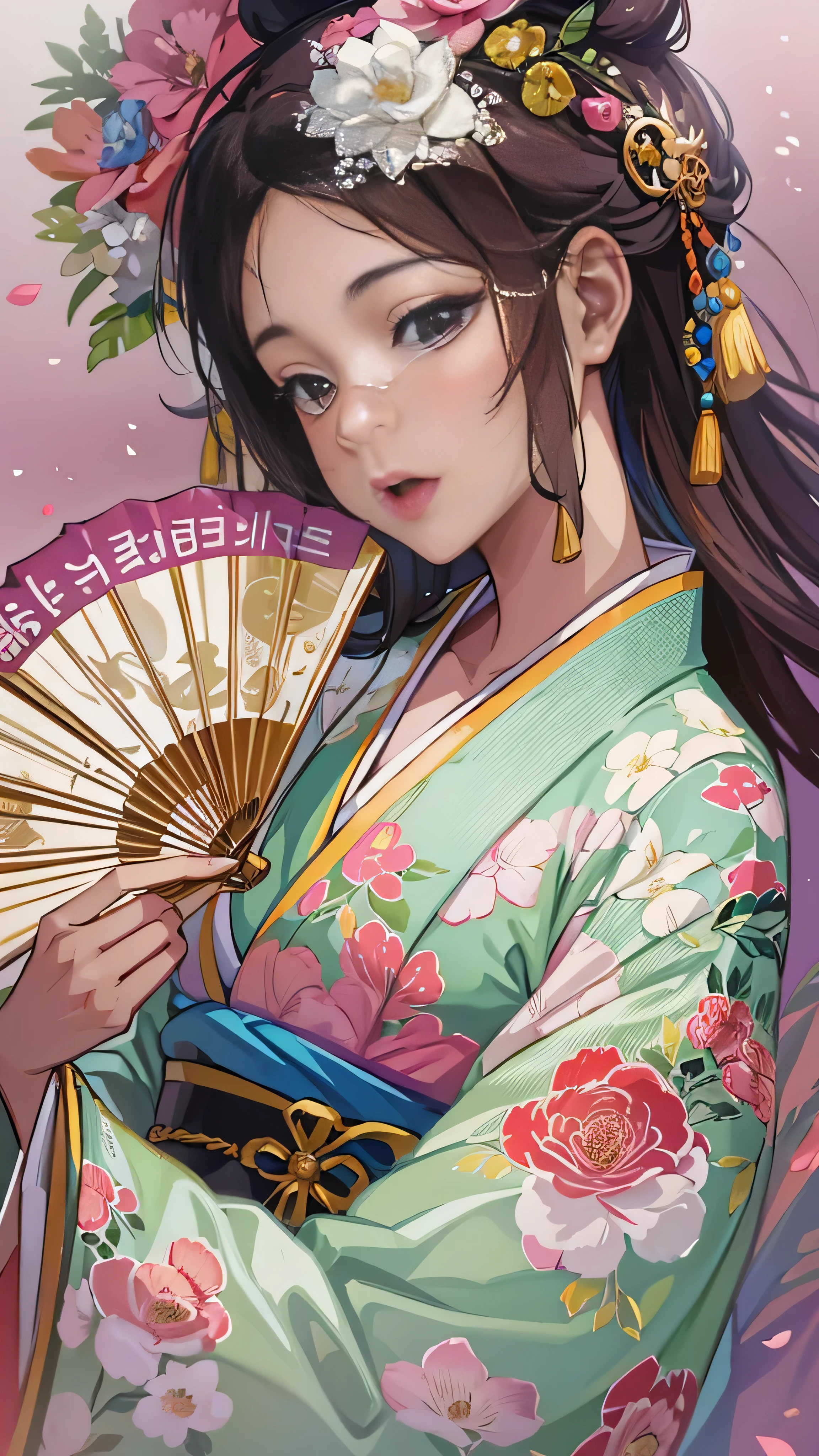 Holding a fan、Woman with flowers in her hair,  EXQUISITE DIGITAL ILLUSTRATION ,  beautiful artwork illustration ,  Amazing Digital Illustration ,  Beautiful Digital Art , Inspired by Yoon Doo-seo, in style of digital illustration, Empress of China, Portrait of a Geisha,  Beautiful Fantasy Empress ,  beautiful digital illustration , 美しいPortrait of a Geisha, Geisha portrait