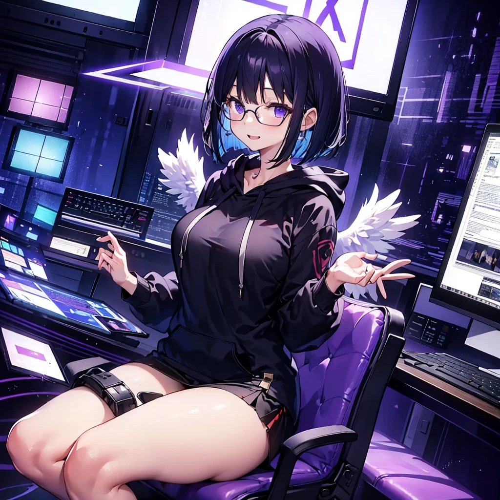 solo1.3、 High Quality、Purple-black bob cut 、 sitting on the purple cube in front of the monitor 、oversized black hoodie and purple miniskirt 1.6、I made a silver light cube float on my right hand 1.4、voluptuous、Angel Girl Sandalphone 1 .8、Confident smile without opening her mouth1 .1、black rimmed glasses 1.4、