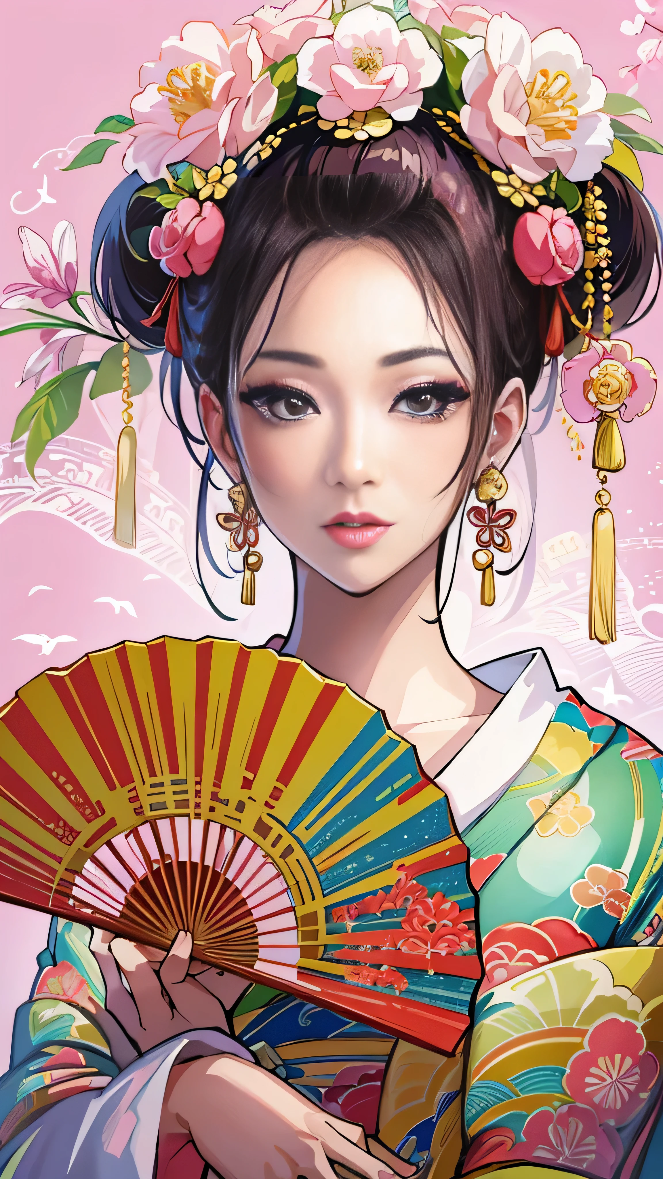 Holding a fan、Woman with flowers in her hair,  EXQUISITE DIGITAL ILLUSTRATION ,  beautiful artwork illustration ,  Amazing Digital Illustration ,  Beautiful Digital Art , Inspired by Yoon Doo-seo, in style of digital illustration, Empress of China, Portrait of a Geisha,  Beautiful Fantasy Empress ,  beautiful digital illustration , 美しいPortrait of a Geisha, Geisha portrait