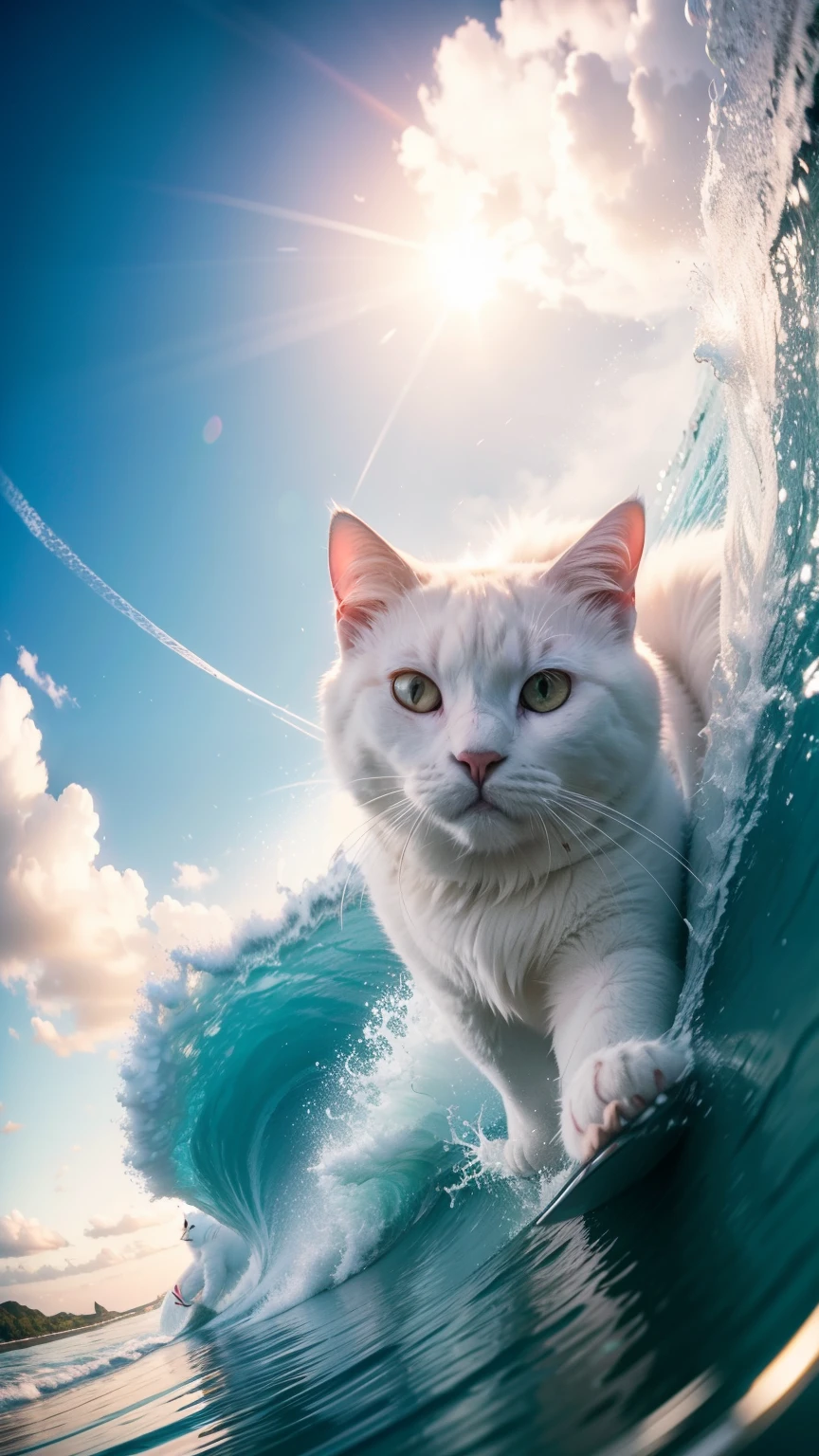 A big fluffy white cat surfing in the tidal wave, sunset, fisheye lens, establishing shot, pastel color grading, depth of field cinematography effect, film noir genre, 8k resolution, high quality, ultra detail