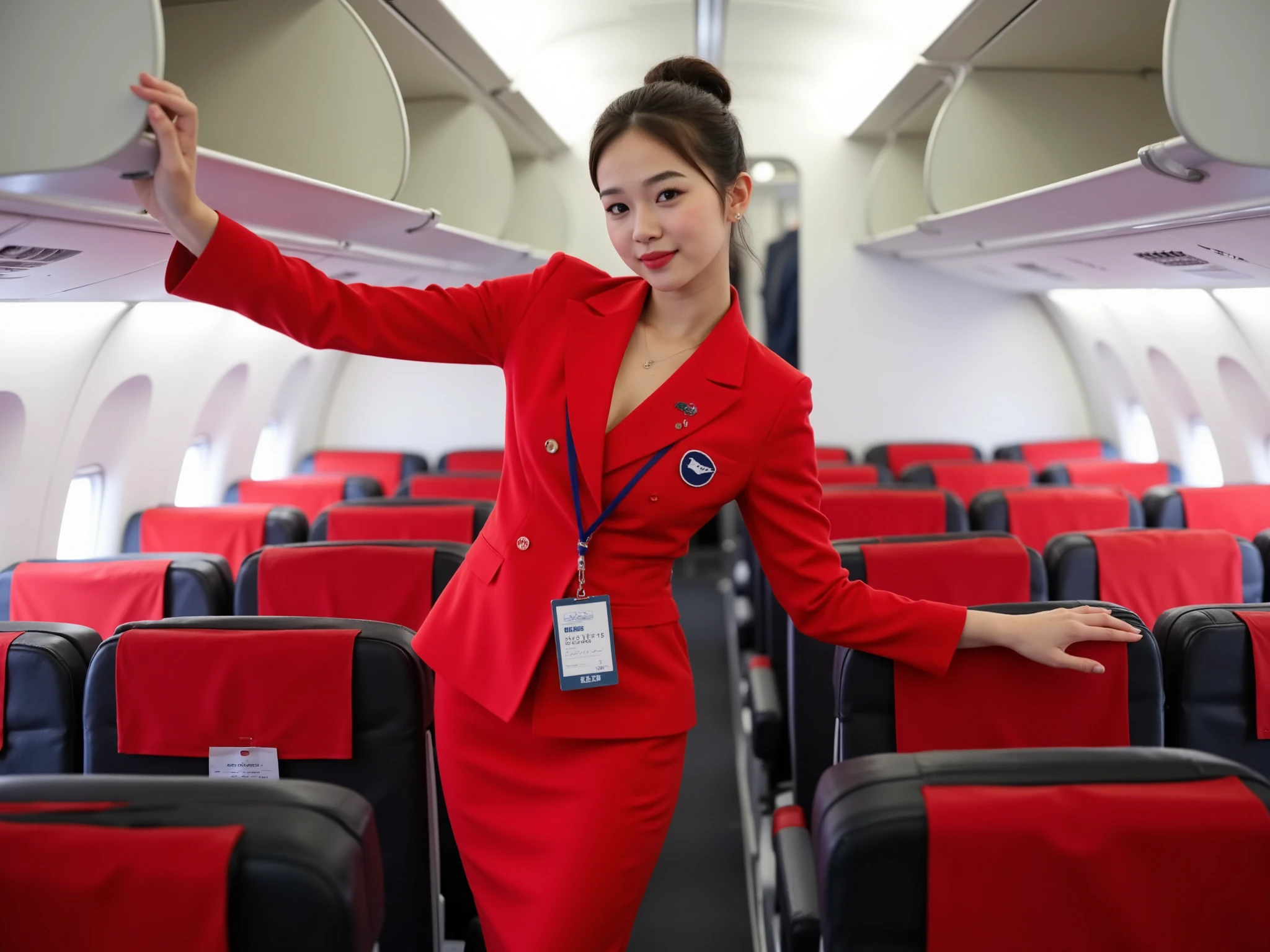 Lighting Conditions The lighting inside the airplane cabin is bright and artificial, typically provided by overhead lights, creating an evenly lit environment. ### Model's Posture The model is standing in the aisle of the airplane, posed with one leg bent and one arm reaching up to the overhead compartment. This posture emphasizes a dynamic and playful stance. The outfit consists of: - **Jacket**: A tailored red blazer, giving a professional and polished appearance. - **Skirt**: A matching red pencil skirt, creating a cohesive and formal look. - **Accessories**: - A lanyard with an ID badge, indicating a professional setting. - A pin or name tag on the blazer, adding to the uniform's formality. This ensemble is likely a uniform, designed to be elegant and professional, suitable for a work environment such as an airline. ### Background The background is inside an airplane cabin, with rows of red and black seats visible. The overhead compartments are open, indicating activity inside the plane, possibly during boarding or disembarking.