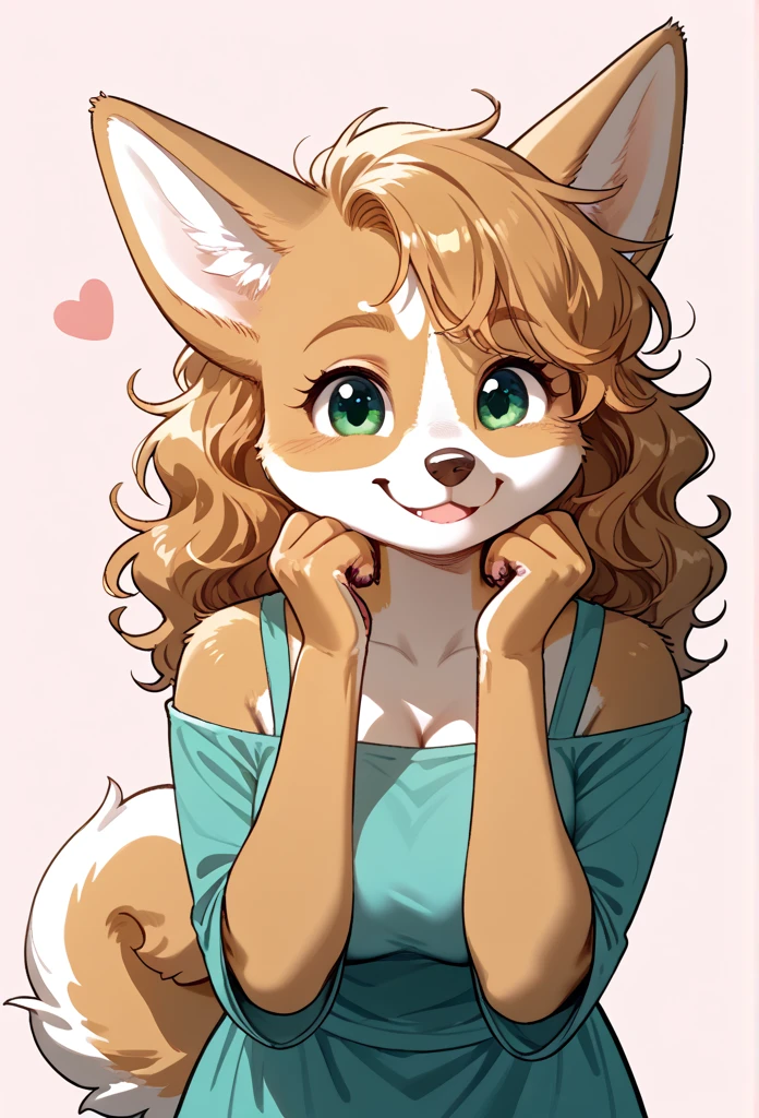 (solo) female anthro corgi furry, wavy hair, fluffy hair, long wavy hair, cat furry, big breasts, attractive, fuzzy tights, fuzzy fur, slightly thick, pretty eyes, (kind expression), she is facing the viewer , cute background, simple background, (front view) corgi snout, animal snout, dog nose, corgi, Simple background, Masterpiece, jewelry, Best Quality, paws, 1girl, High Resolution, paws cute, corgi, cute Smile 