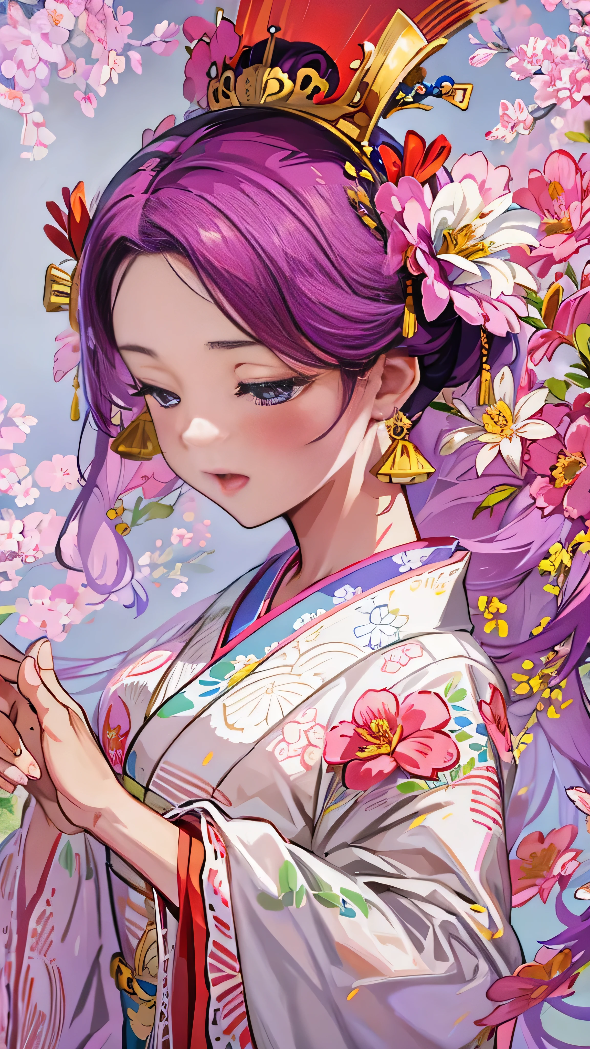 Holding a fan、Woman with flowers in her hair,  EXQUISITE DIGITAL ILLUSTRATION ,  beautiful artwork illustration ,  Amazing Digital Illustration ,  Beautiful Digital Art , Inspired by Yoon Doo-seo, in style of digital illustration, Empress of China, Portrait of a Geisha,  Beautiful Fantasy Empress ,  beautiful digital illustration , 美しいPortrait of a Geisha, Geisha portrait