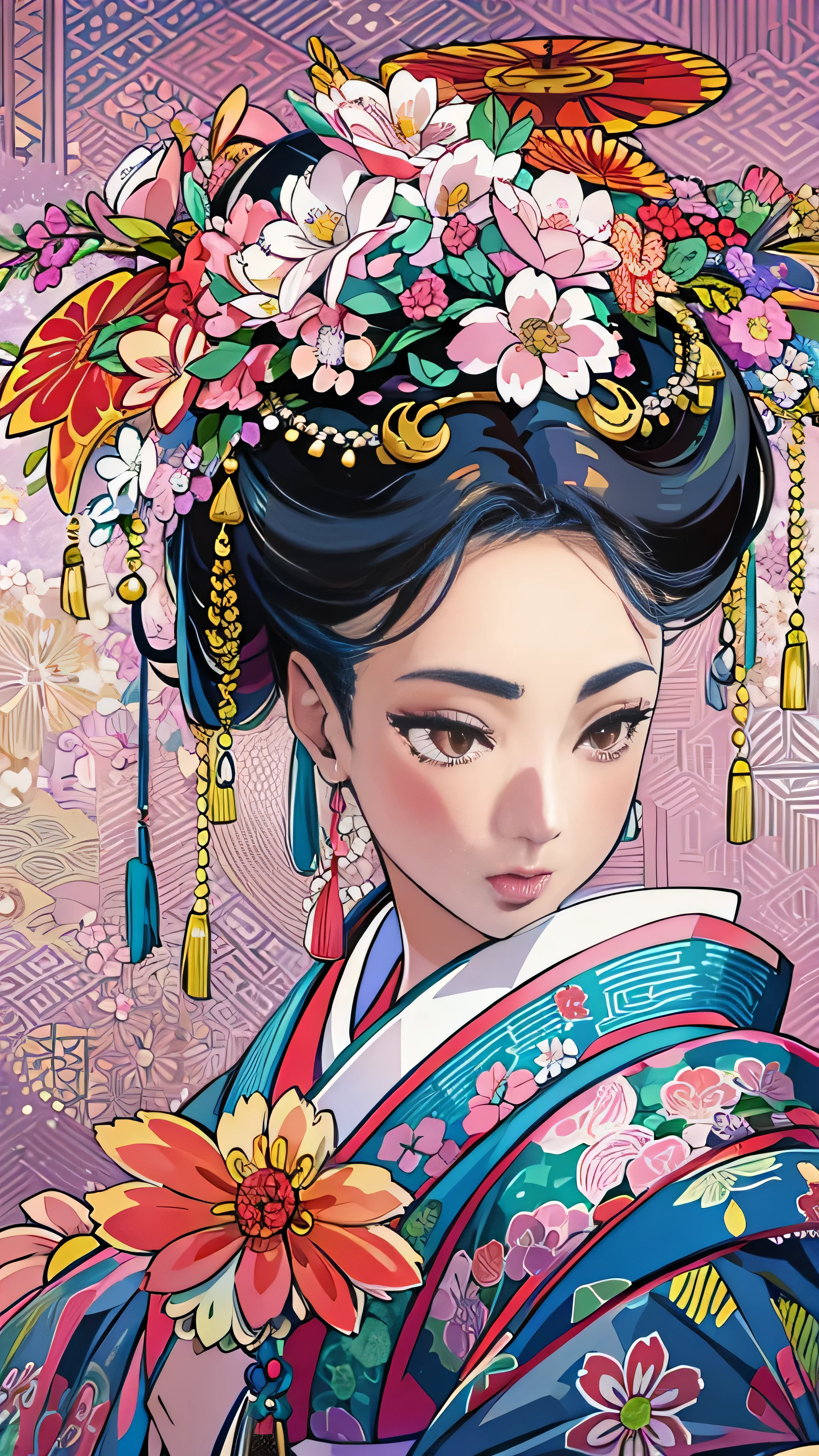 Holding a fan、Woman with flowers in her hair,  EXQUISITE DIGITAL ILLUSTRATION ,  beautiful artwork illustration ,  Amazing Digital Illustration ,  Beautiful Digital Art , Inspired by Yoon Doo-seo, in style of digital illustration, Empress of China, Portrait of a Geisha,  Beautiful Fantasy Empress ,  beautiful digital illustration , 美しいPortrait of a Geisha, Geisha portrait